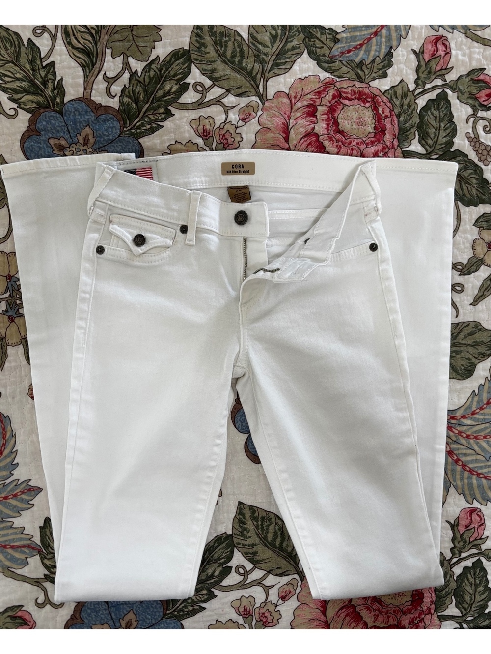 True Religion Women's White Mid Rise Straight Jeans
